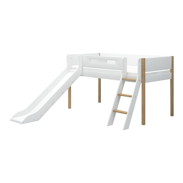 Flexa. Nor mid-high bed with slanting ladder and slide - 210cm - White / Oak