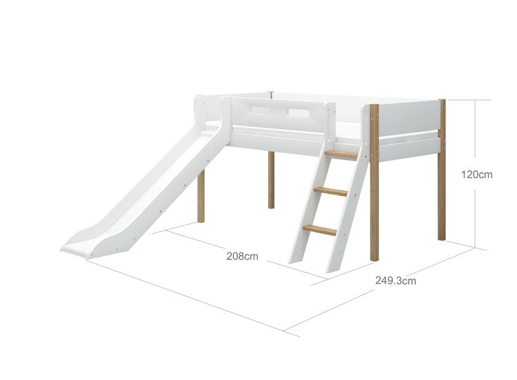 Flexa. Nor mid-high bed with slanting ladder and slide - 210cm - White / Oak