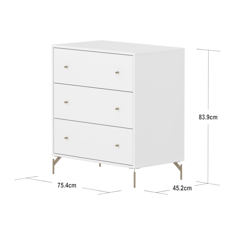 FLEXA. Συρταριέρα Saga με 3 συρτάρια. Λευκό/ μπεζ πόμολα/ μπεζ πόδια.