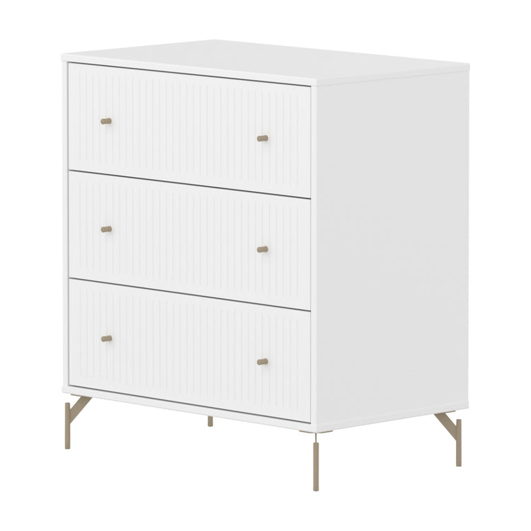 FLEXA. Συρταριέρα Saga με 3 συρτάρια και όψεις Grooves. Λευκό/ μπεζ πόμολα/ μπεζ πόδια.