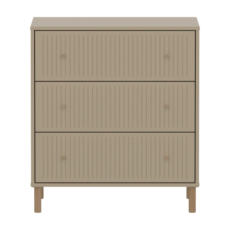 FLEXA. Συρταριέρα Saga με 3 συρτάρια και όψεις Grooves. Μπεζ/ δρυς πόμολα/ δρυς πόδια.