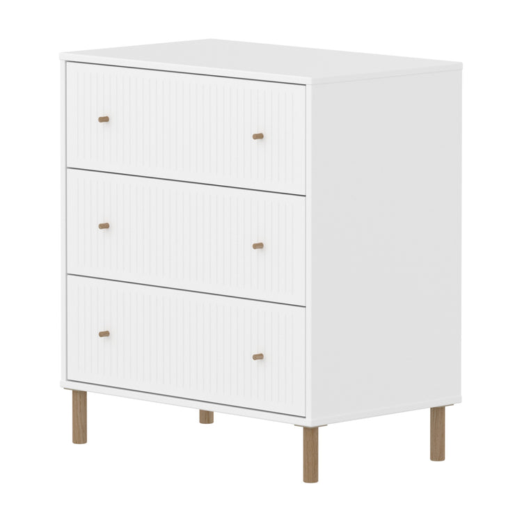 FLEXA. Συρταριέρα Saga με 3 συρτάρια και όψεις Grooves. Λευκο/ δρυς πόμολα/ δρυς πόδια.