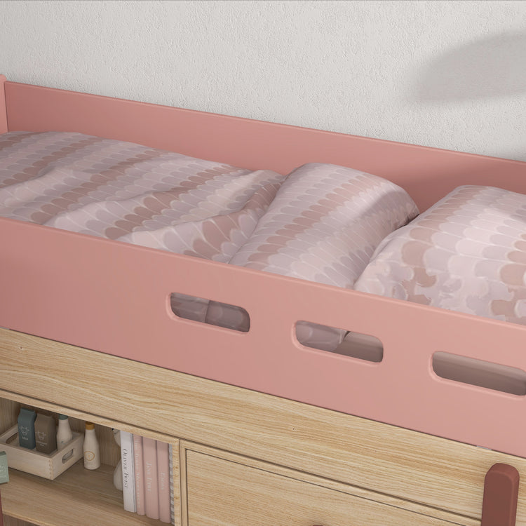 Flexa. Κρεβάτι μεσαίου ύψος Popsicle με κάθετη σκάλα και αποθήκευση - Δρυς /αποχρώσεις ροζ