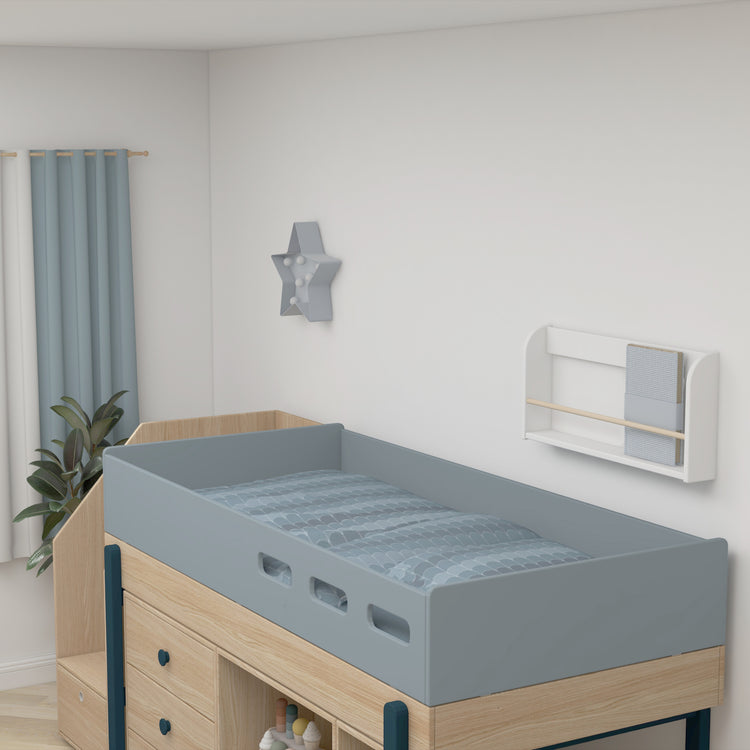 Flexa. Κρεβάτι μεσαίου ύψος Popsicle με σκαλοπάτια και αποθήκευση - Δρυς /αποχρώσεις μπλε