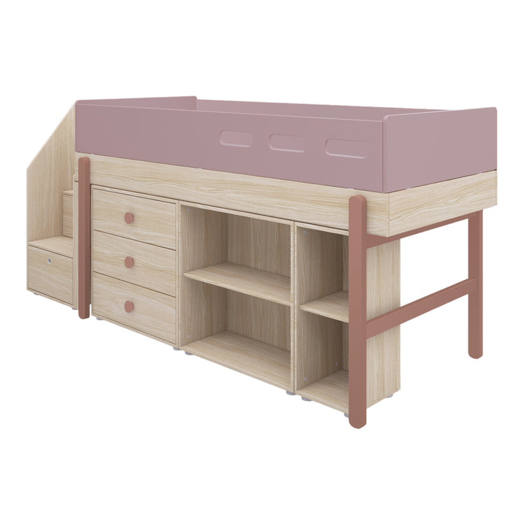 Flexa. Κρεβάτι μεσαίου ύψος Popsicle με σκαλοπάτια και αποθήκευση - Δρυς /αποχρώσεις ροζ