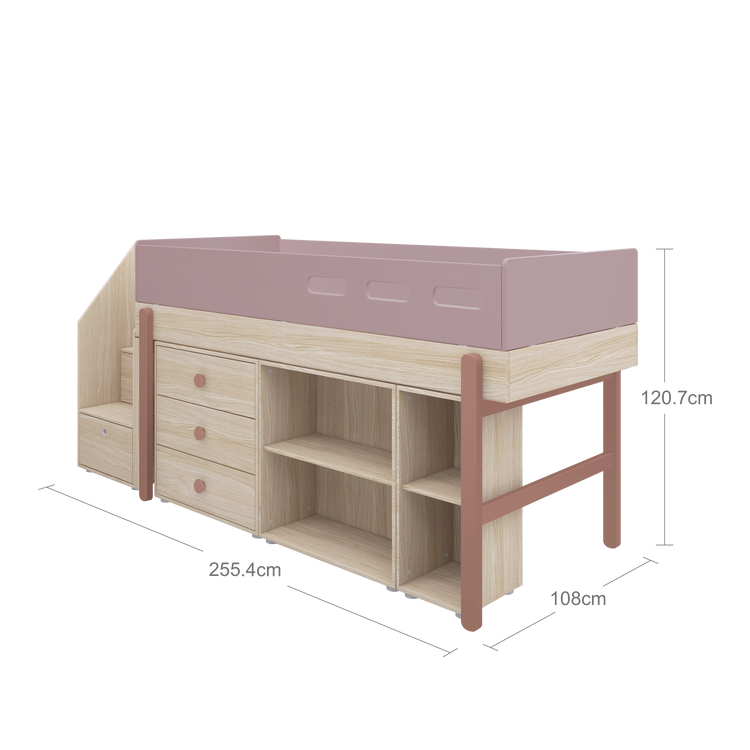 Flexa. Κρεβάτι μεσαίου ύψος Popsicle με σκαλοπάτια και αποθήκευση - Δρυς /αποχρώσεις ροζ