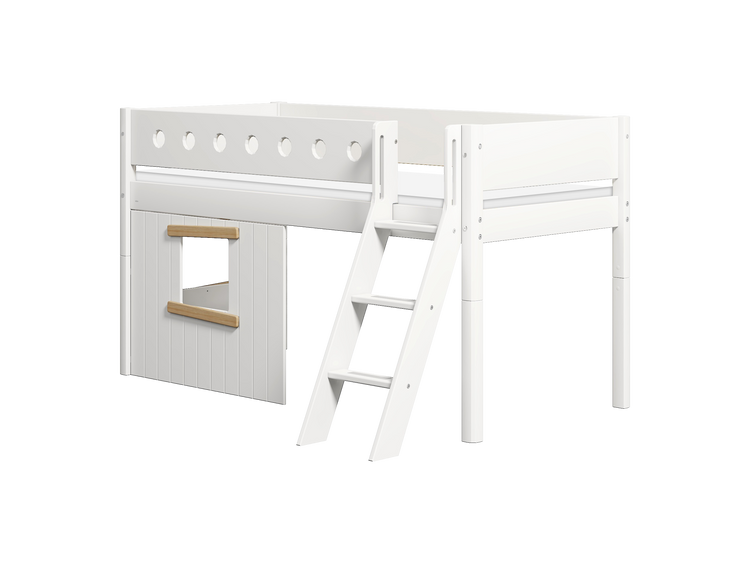 Flexa. Κρεβάτι μεσαίου ύψος White με κεκλιμένη σκάλα και σπιτάκι. Λευκό/ φυσικό