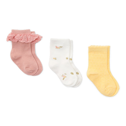 LITTLE DUTCH. Σετ 3 ζευγάρια κάλτσες Flower Pink / White Meadows / Honey Yellow - No 17/19