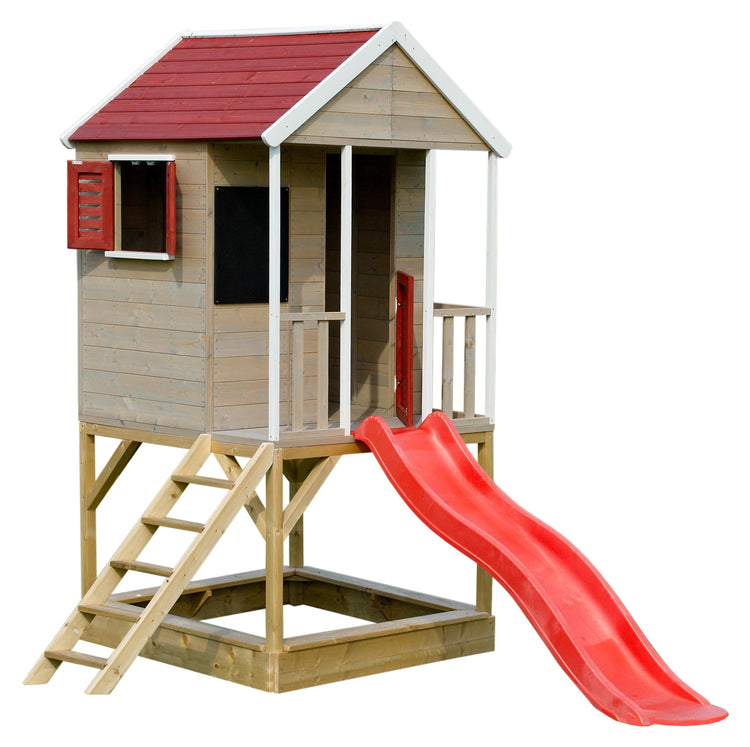 Wendi Toys. Ξύλινο υπερυψωμένο σπιτάκι εξωτερικού χώρου με τσουλήθρα Summer Adventure (φυσικό-κόκκινο)