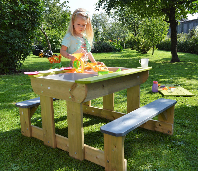 Wendi Toys. Σετ ξύλινο τραπέζι με παγκάκια εξωτερικού χώρου (λάιμ-γκρι-φυσικό)