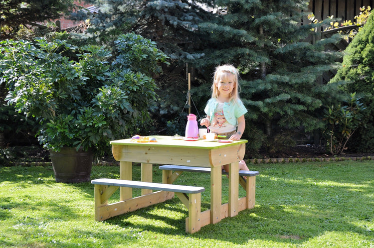 Wendi Toys. Σετ ξύλινο τραπέζι με παγκάκια εξωτερικού χώρου (λάιμ-γκρι-φυσικό)
