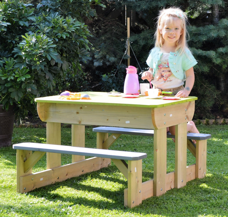 Wendi Toys. Σετ ξύλινο τραπέζι με παγκάκια εξωτερικού χώρου (λάιμ-γκρι-φυσικό)