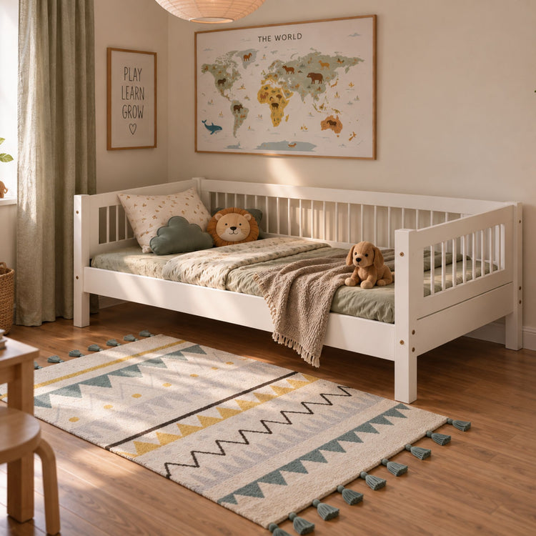 Single Bed with Crossbars and Safety Rail, 90x200 cm, White