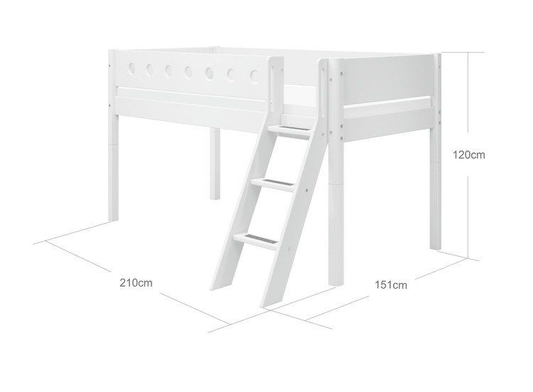 Flexa. Κρεβάτι μεσαίου ύψος White με κεκλιμένη σκάλα - 210εκ - Λευκό/ λευκό