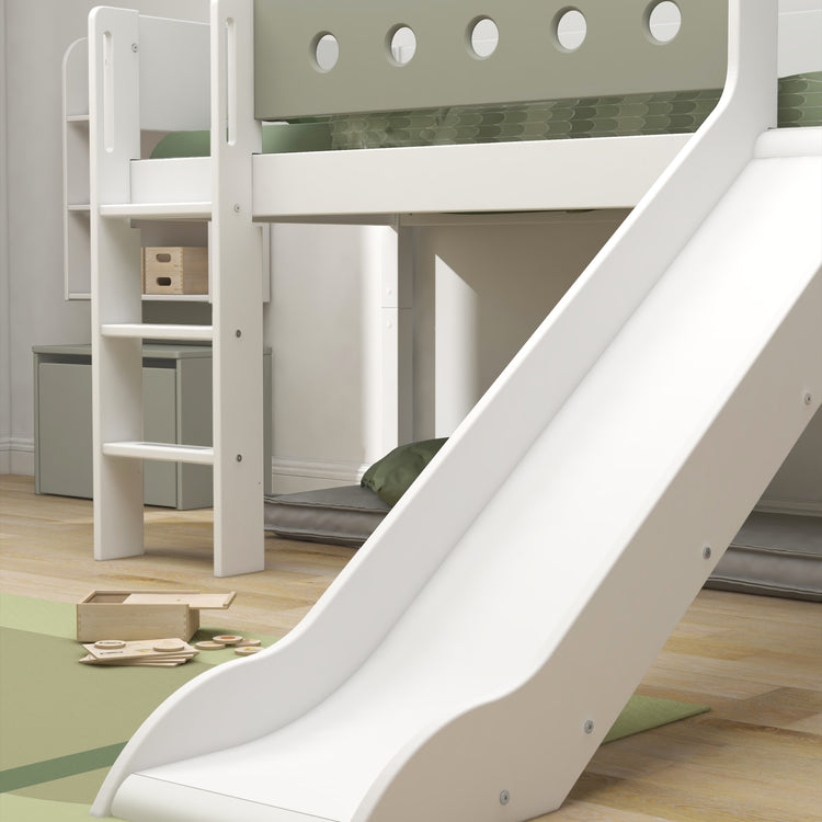 Flexa. White mid-high bed with straight ladder and a slide - 210cm - White