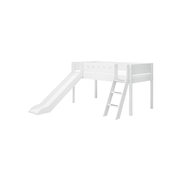 Flexa. White mid-high bed with slanting ladder and a slide - 210cm - White