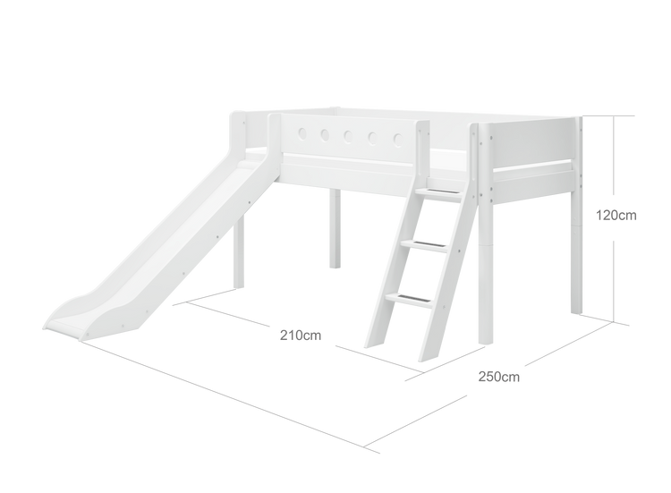 Flexa. White mid-high bed with slanting ladder and a slide - 210cm - White