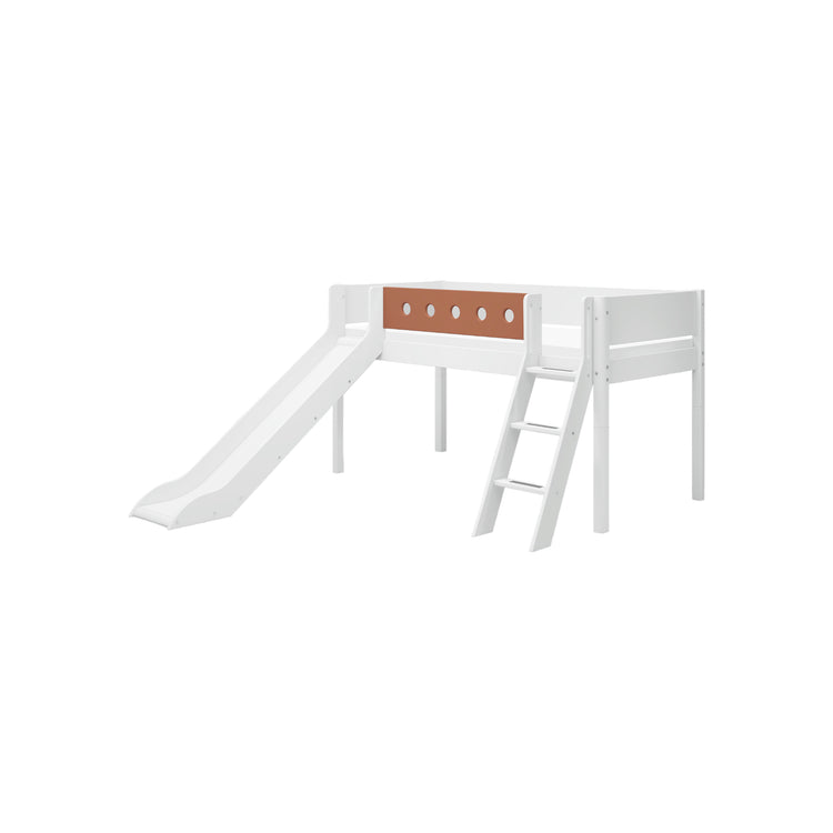 Flexa. Κρεβάτι μεσαίου ύψος White με κεκλιμένη σκάλα και τσουλήθρα - 210εκ - Λευκό/ blush