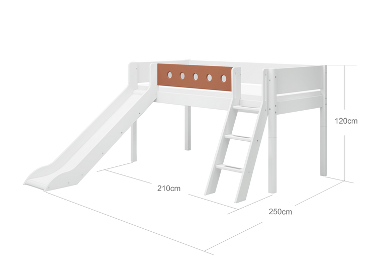 Flexa. White midhigh bed with slanting ladder and a slide 210cm W