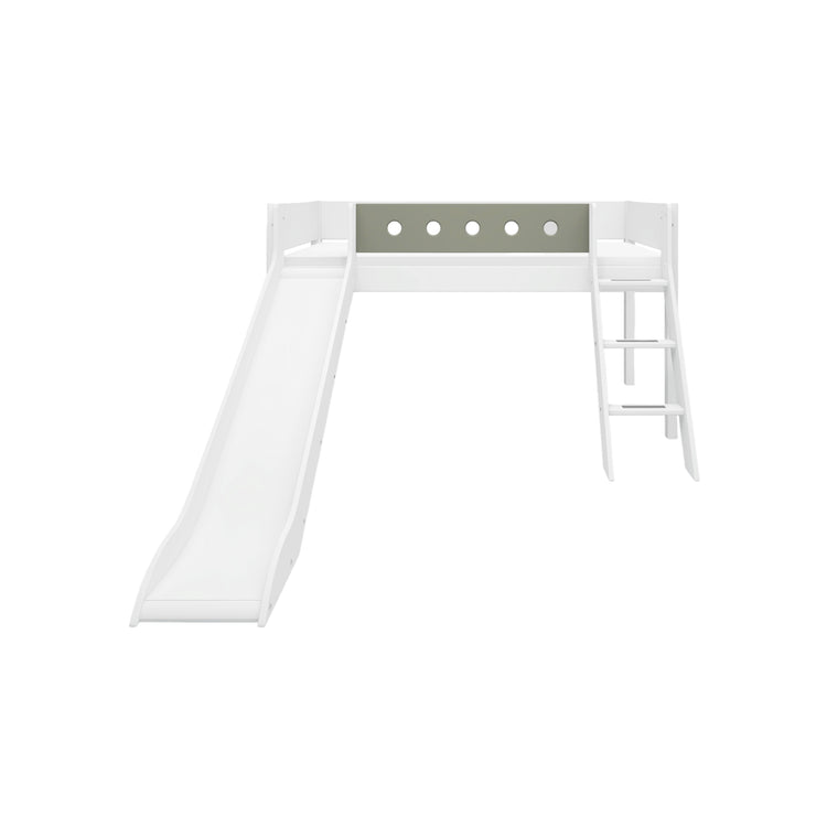 Flexa. Κρεβάτι μεσαίου ύψος White με κεκλιμένη σκάλα και τσουλήθρα - 210εκ - Λευκό/ απαλό πράσινο