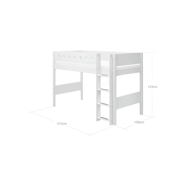 Flexa. White semi-high bed with straight ladder - 210cm - White