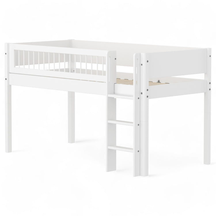 Flexa. Mid-high bed with straight ladder and safety rail with cross bars. Made of MDF and solid pine.