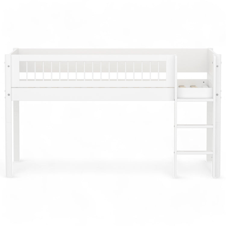 Flexa. Mid-high bed with straight ladder and safety rail with cross bars. Made of MDF and solid pine.