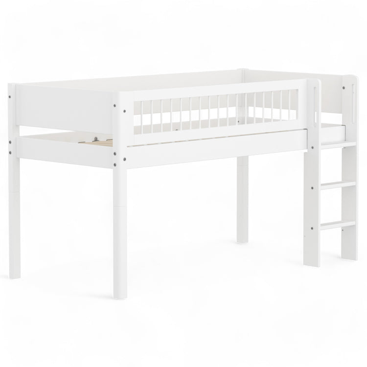 Flexa. Mid-high bed with straight ladder and safety rail with cross bars. Made of MDF and solid pine.