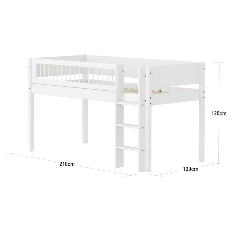 Flexa. Mid-high bed with straight ladder and safety rail with cross bars. Made of MDF and solid pine.