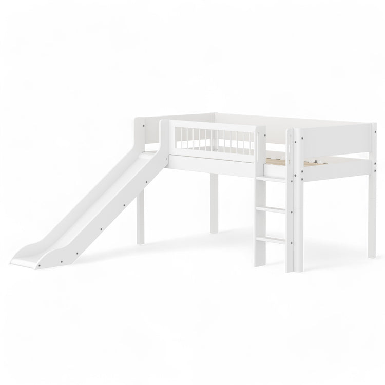 Flexa. Mid-high bed with straight ladder, slide and safety rail with cross bars. Made of MDF and solid pine.