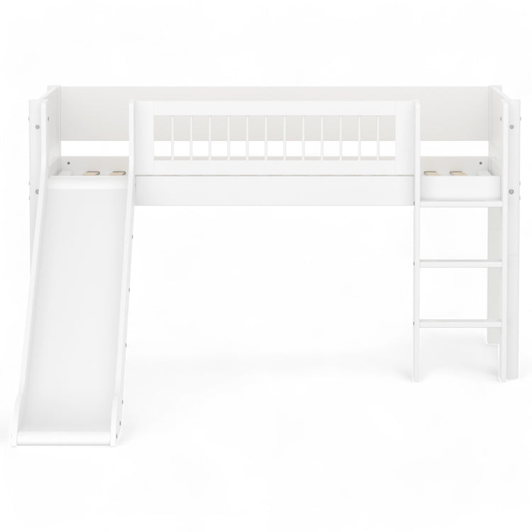 Flexa. Mid-high bed with straight ladder, slide and safety rail with cross bars. Made of MDF and solid pine.