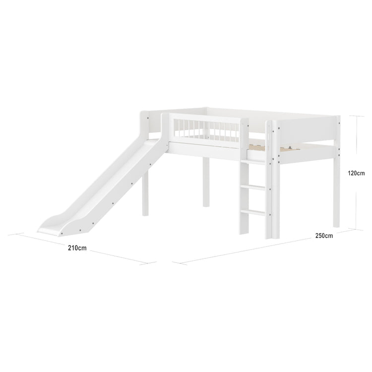 Flexa. Mid-high bed with straight ladder, slide and safety rail with cross bars. Made of MDF and solid pine.