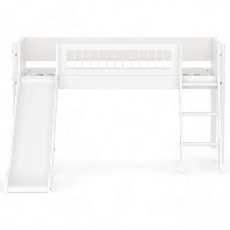 Flexa. Mid-high bed with slanting ladder, slide and safety rail with cross bars. Made of MDF and solid pine.