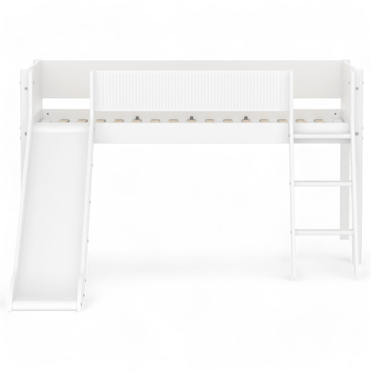 Flexa. Mid-high bed with slanting ladder, slide and safety rail with grooves. Made of MDF and solid pine.