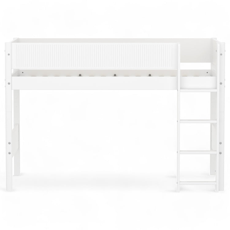 Flexa. Semi-high bed with straight ladder and safety rail with grooves. Made of MDF and solid pine.