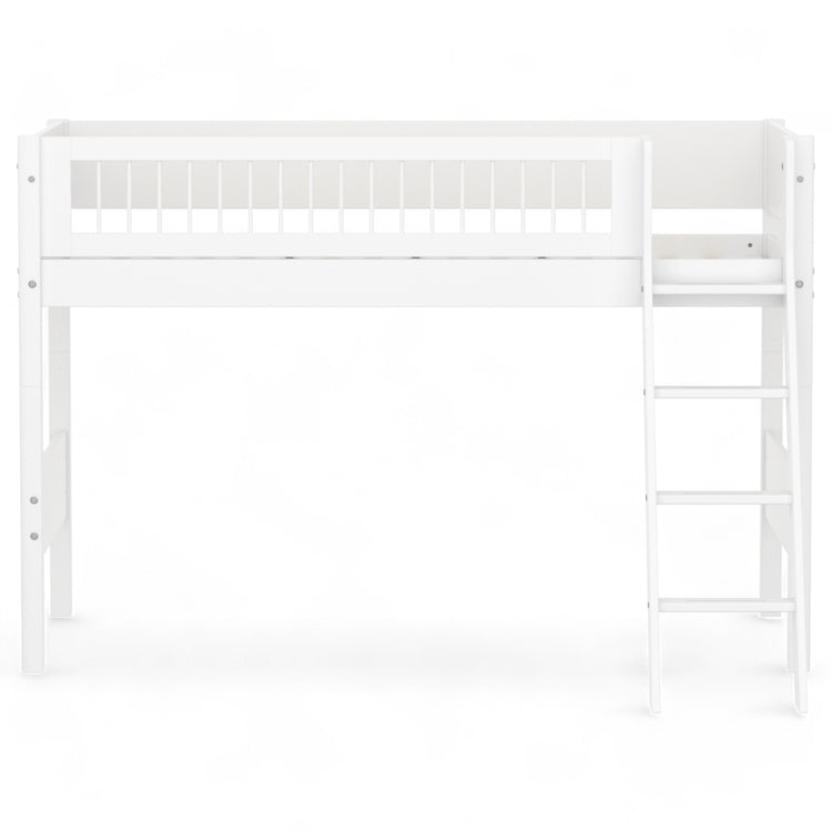 Semi-high bed with slanting ladder and safety rail with cross bars. Made of MDF and solid pine.