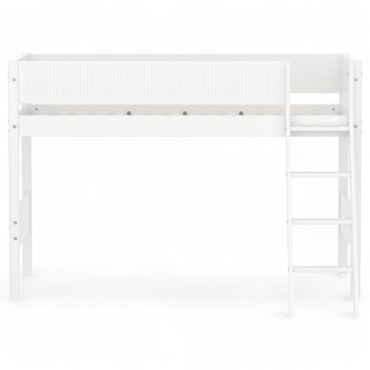 Semi-high bed with slanting ladder and safety rail with grooves. Made of MDF and solid pine.