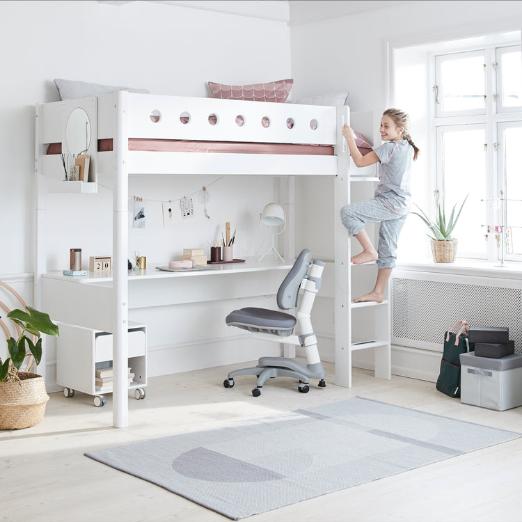 Flexa. White high bed with straight ladder and desk- 210cm - White