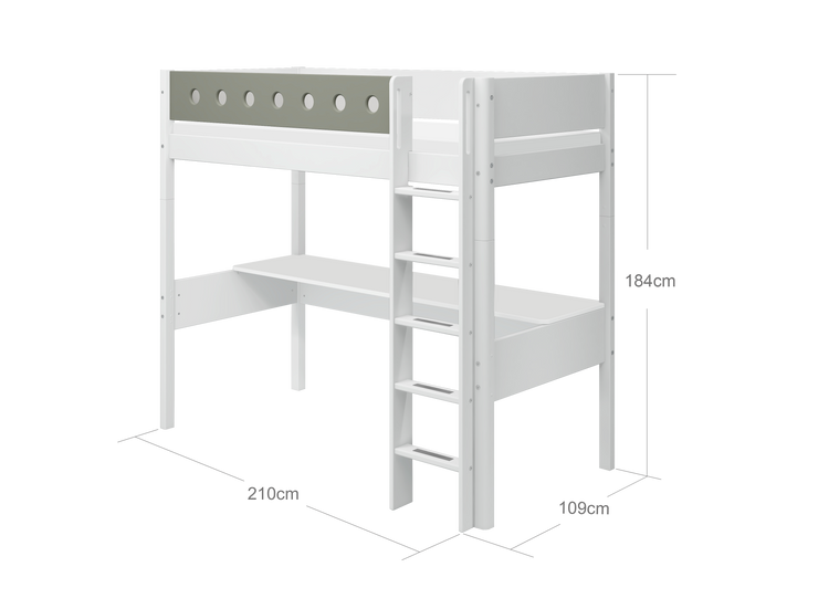 Flexa. White high bed with straight ladder and desk- 210cm - White