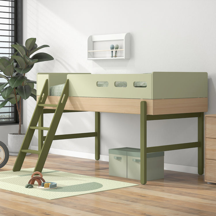 Flexa. Popsicle mid-high bed with slanting ladder - Oak / Kiwi