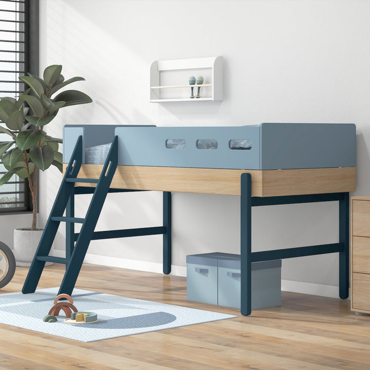 Flexa. Popsicle mid-high bed with slanting ladder - Oak / Blueberry