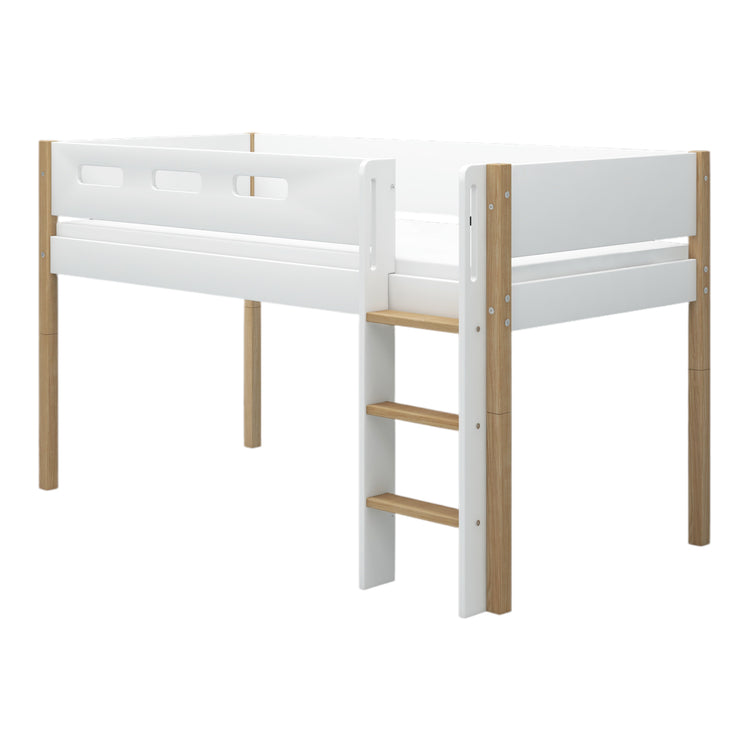 Flexa. Nor mid-high bed with straight ladder - 210cm - White / Oak