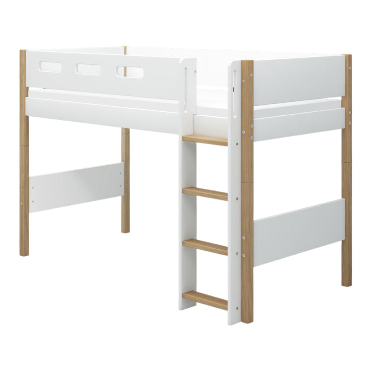 Flexa. Nor semi-high bed with straight ladder - 210cm - White / Oak