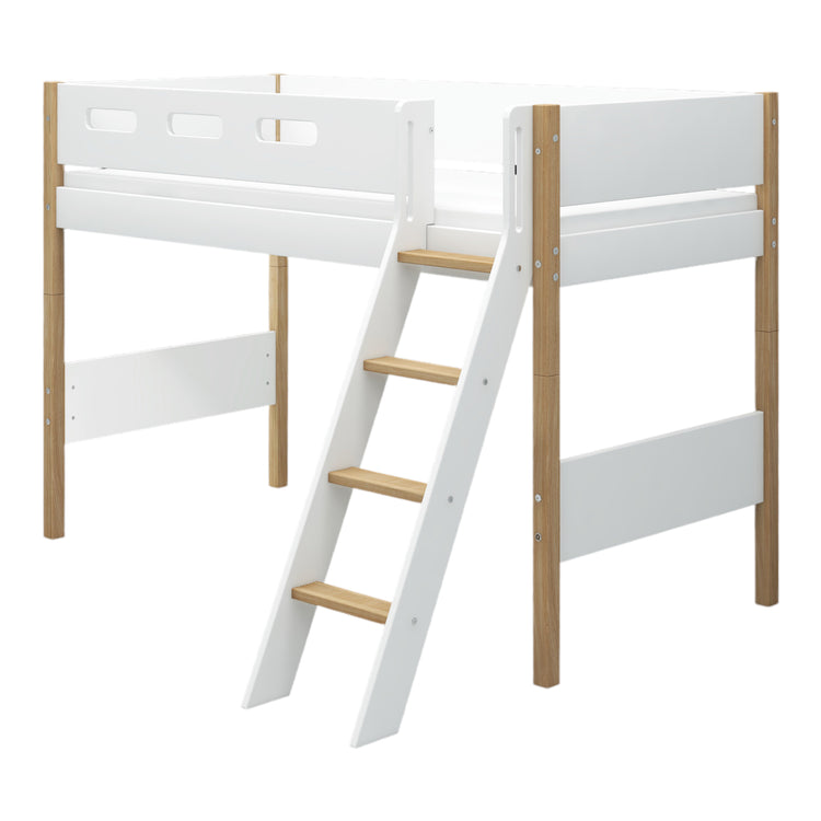 Flexa. Nor semi-high bed with slanting ladder - 210cm - White / Oak