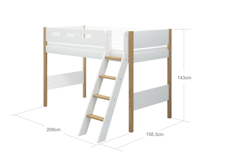 Flexa. Nor semi-high bed with slanting ladder - 210cm - White / Oak