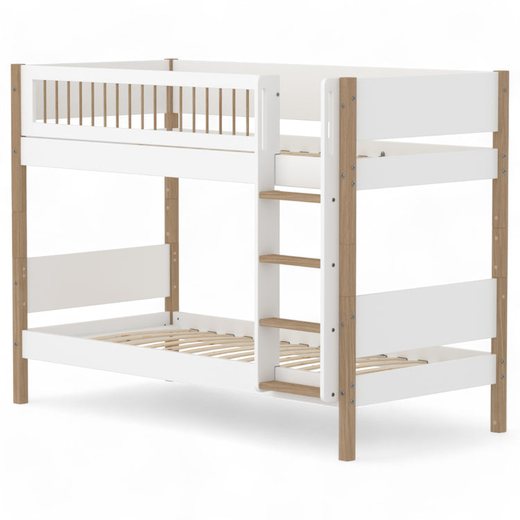 Flexa. Bunk bed with straight ladder and safety rail. Made of MDF and solid oak.