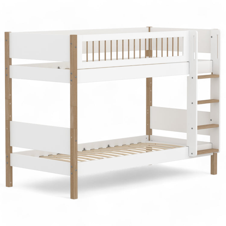 Flexa. Bunk bed with straight ladder and safety rail. Made of MDF and solid oak.