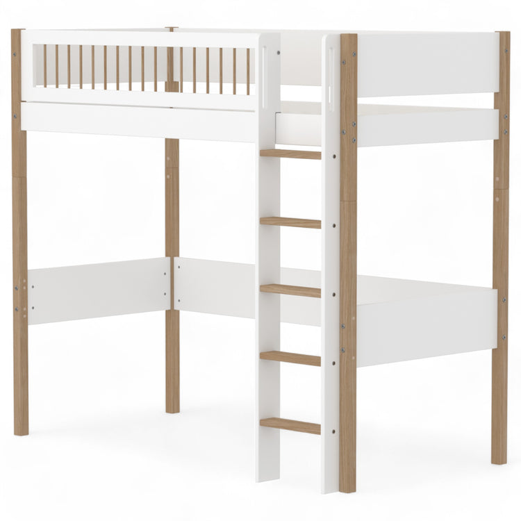 Flexa. High bed with straight ladder and safety rail. Made of MDF and solid oak