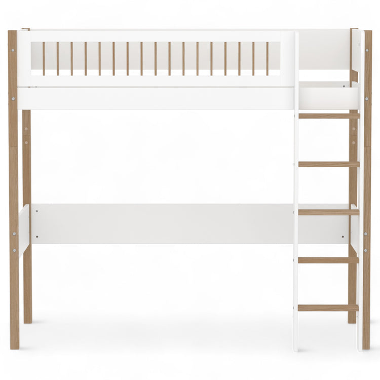 Flexa. High bed with straight ladder and safety rail. Made of MDF and solid oak