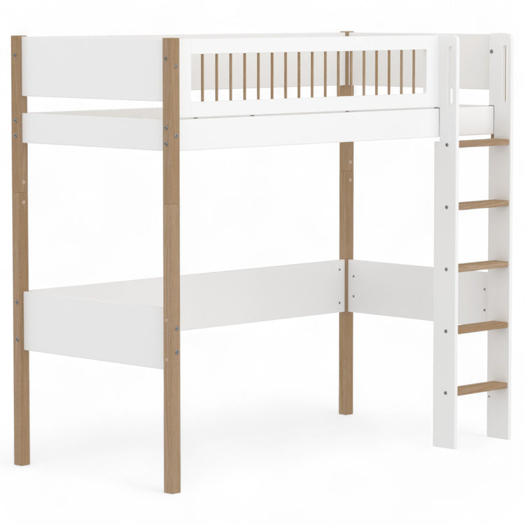 Flexa. High bed with straight ladder and safety rail. Made of MDF and solid oak